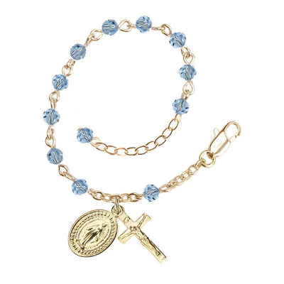 Bliss Rosary Bracelet with Gold-plated Crucifix and Miraculous Medal, Birthstone 4mm Austrian Crystal Aqua Beads for March