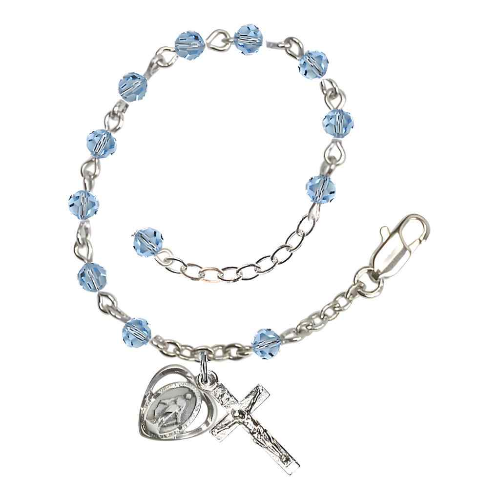 Bliss Rosary Bracelet with Silver-plated Crucifix and Heart Miraculous Medal, Birthstone 4mm Austrian Crystal Aqua Beads for March