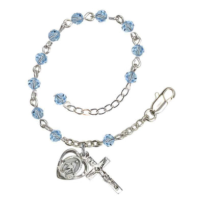 Bliss Rosary Bracelet with Silver-plated Crucifix and Heart Miraculous Medal, Birthstone 4mm Austrian Crystal Aqua Beads for March