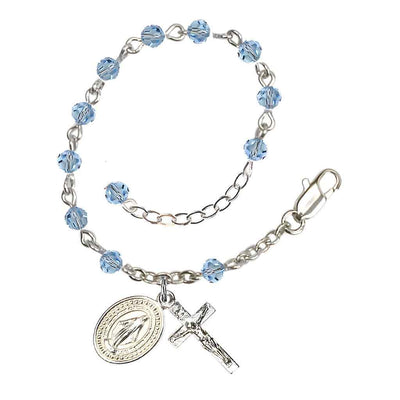 Bliss Rosary Bracelet with Silver-plated Crucifix and Miraculous Medal, Birthstone 4mm Austrian Crystal Aqua Beads for March