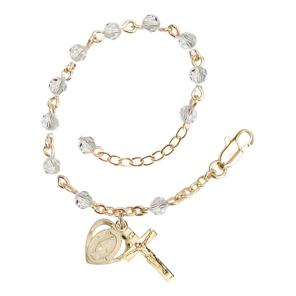 Bliss Rosary Bracelet with Gold-plated Crucifix and Heart Miraculous Medal, Birthstone 4mm Austrian Crystal Clear Crystal Beads for April