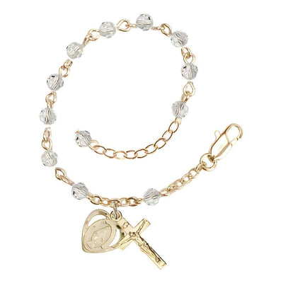 Bliss Rosary Bracelet with Gold-plated Crucifix and Heart Miraculous Medal, Birthstone 4mm Austrian Crystal Clear Crystal Beads for April