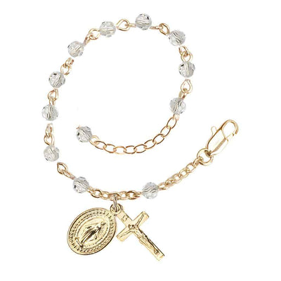 Bliss Rosary Bracelet with Gold-plated Crucifix and Miraculous Medal, Birthstone 4mm Austrian Crystal Clear Crystal Beads for April