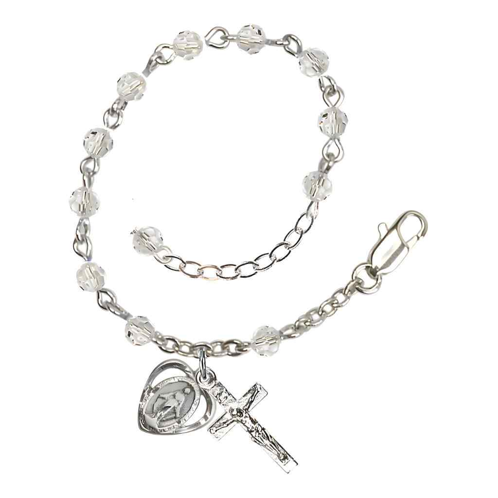 Bliss Rosary Bracelet with Silver-plated Crucifix and Heart Miraculous Medal, Birthstone 4mm Austrian Crystal Clear Crystal Beads for April