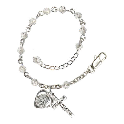 Bliss Rosary Bracelet with Silver-plated Crucifix and Heart Miraculous Medal, Birthstone 4mm Austrian Crystal Clear Crystal Beads for April