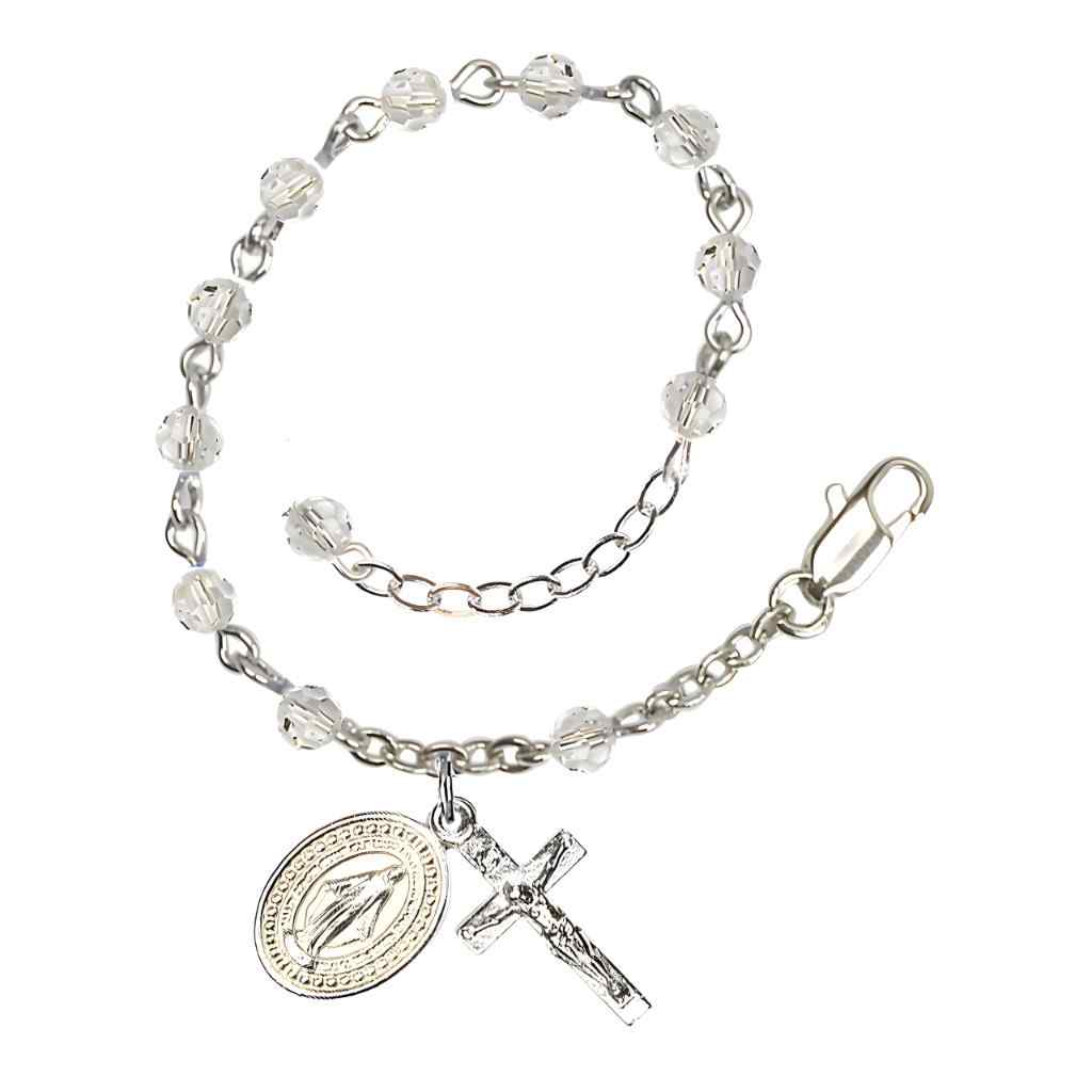 Bliss Rosary Bracelet with Silver-plated Crucifix and Miraculous Medal, Birthstone 4mm Austrian Crystal Clear Crystal Beads for April