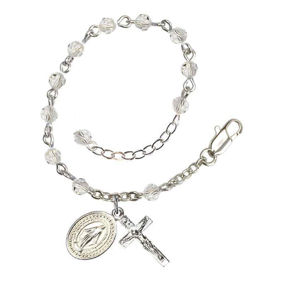Bliss Rosary Bracelet with Silver-plated Crucifix and Miraculous Medal, Birthstone 4mm Austrian Crystal Clear Crystal Beads for April