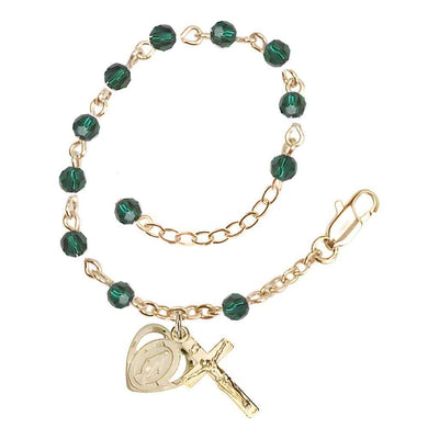 Bliss Rosary Bracelet with Gold-plated Crucifix and Heart Miraculous Medal, Birthstone 4mm Austrian Crystal Emerald Beads for May