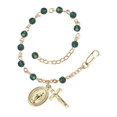 Bliss Rosary Bracelet with Gold-plated Crucifix and Miraculous Medal, Birthstone 4mm Austrian Crystal Emerald Beads for May