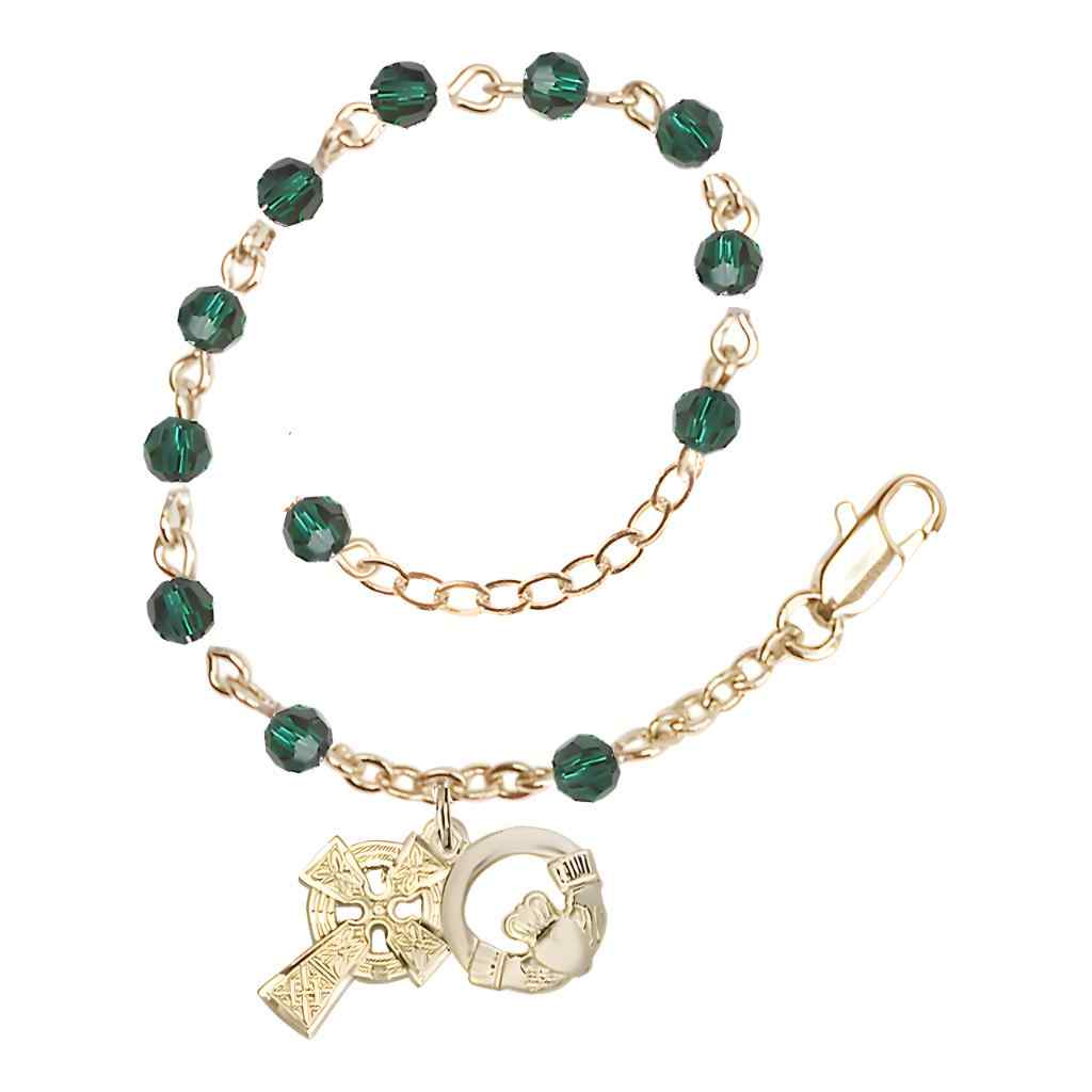 Irish Claddagh And Celtic Cross Emerald Crystal Gold-Plated Bracelet, Bliss Manufacturing