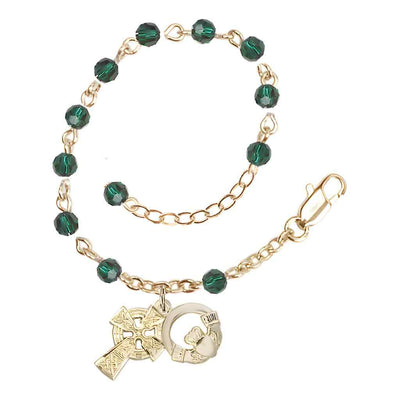 Irish Claddagh And Celtic Cross Emerald Crystal Gold-Plated Bracelet, Bliss Manufacturing