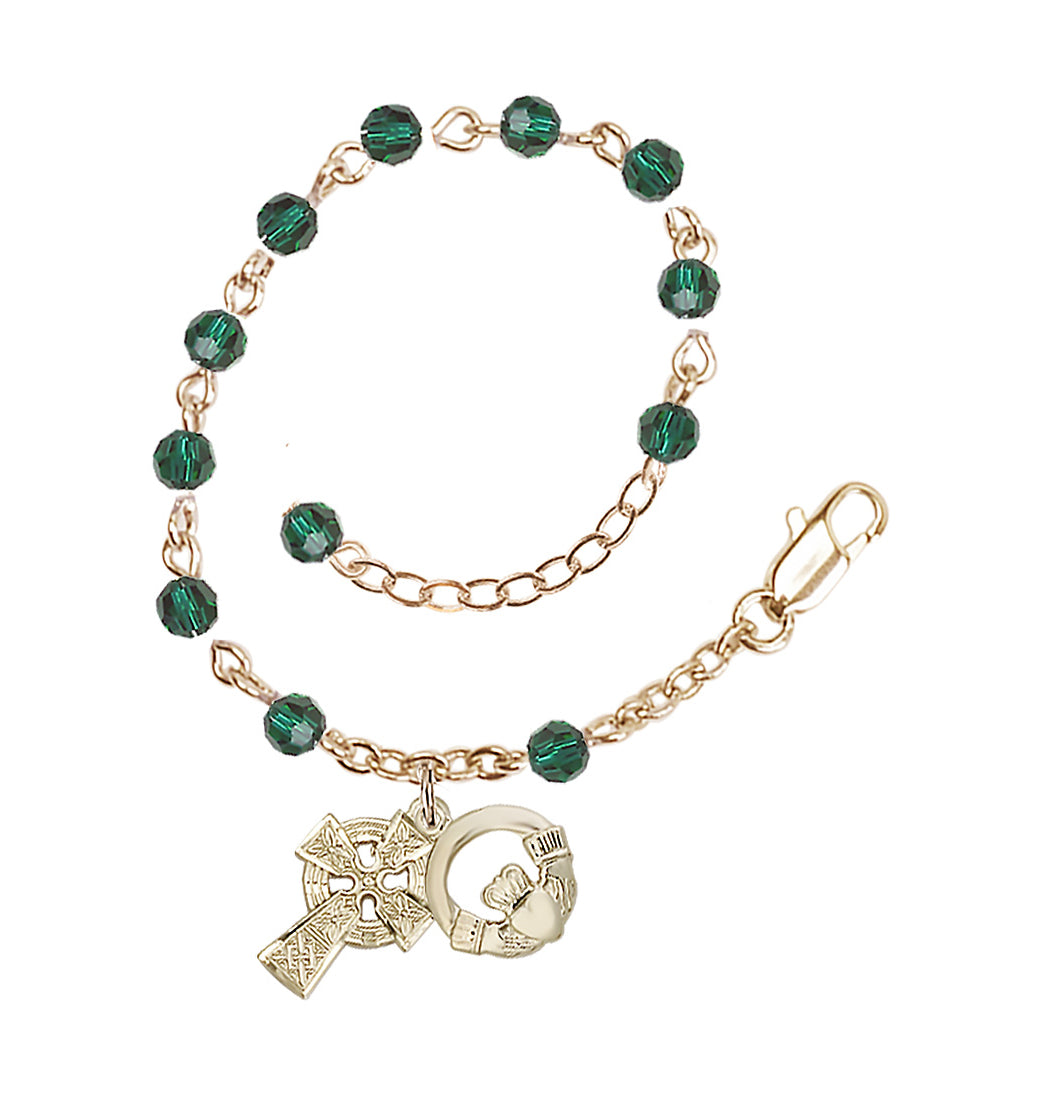 Bliss Irish Claddagh and Celtic Cross Emerald Crystal Gold-Plated Bracelet,