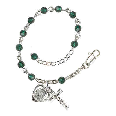 Bliss Rosary Bracelet with Silver-plated Crucifix and Heart Miraculous Medal, Birthstone 4mm Austrian Crystal Emerald Beads for May