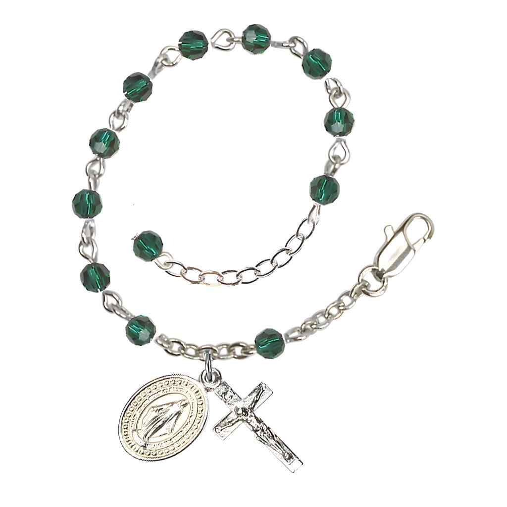 Bliss Rosary Bracelet with Silver-plated Crucifix and Miraculous Medal, Birthstone 4mm Austrian Crystal Emerald Beads for May