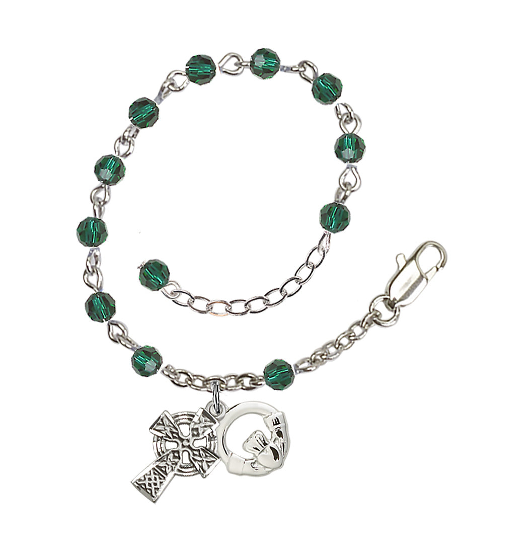 Bliss Irish Claddagh and Celtic Cross Emerald Crystal Silver-Plated Bracelet,