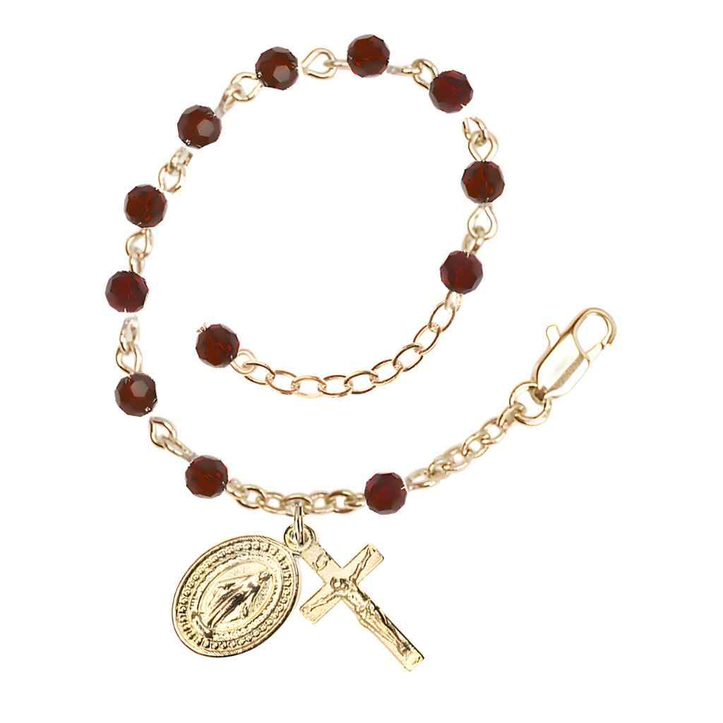 Bliss Rosary Bracelet with Gold-plated Crucifix and Miraculous Medal, Birthstone 4mm Austrian Crystal Garnet Beads for January