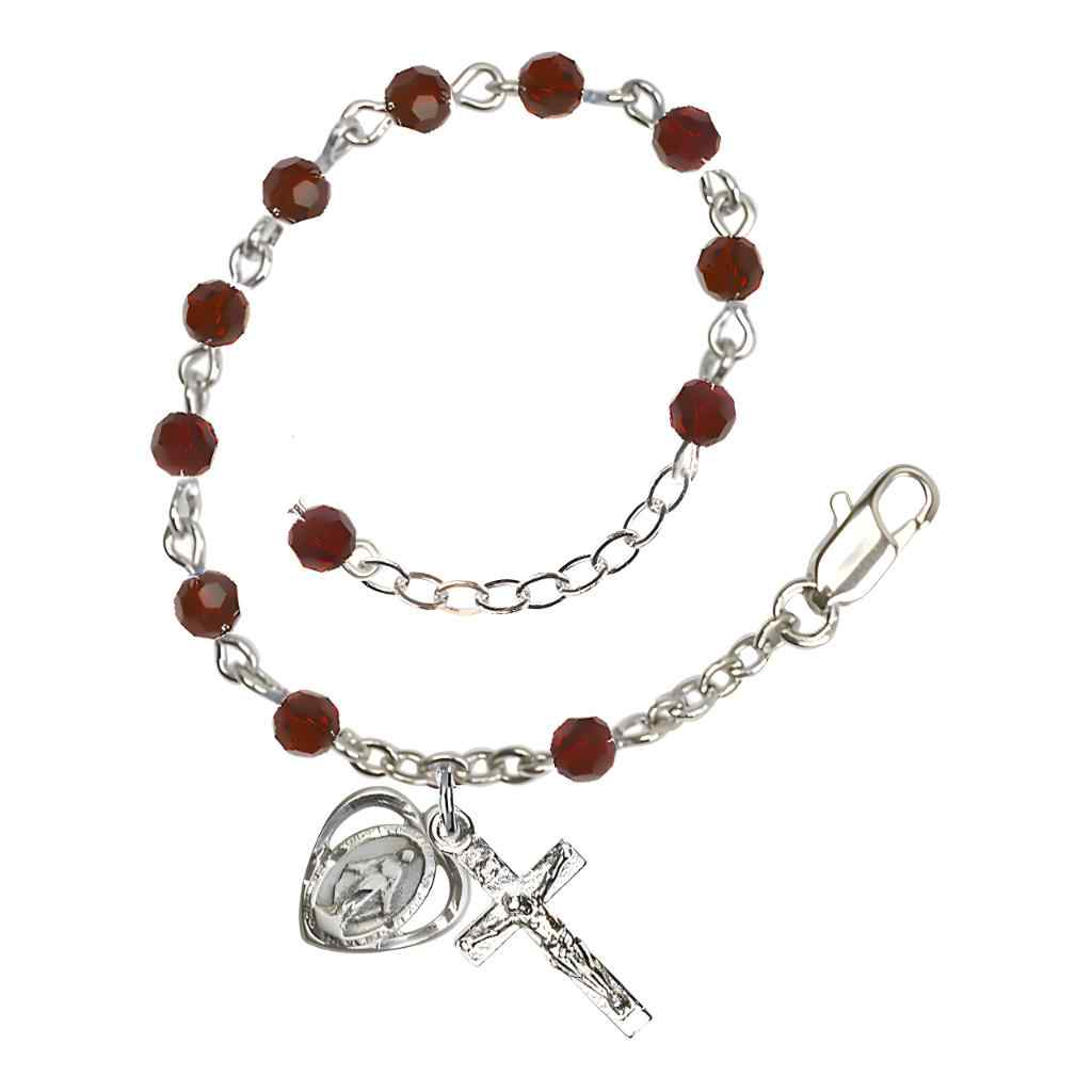 Bliss Rosary Bracelet with Silver-plated Crucifix and Heart Miraculous Medal, Birthstone 4mm Austrian Crystal Garnet Beads for January