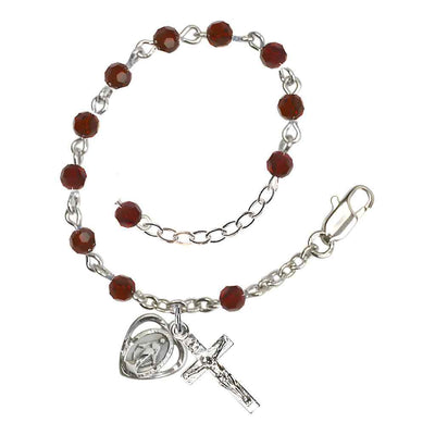 Bliss Rosary Bracelet with Silver-plated Crucifix and Heart Miraculous Medal, Birthstone 4mm Austrian Crystal Garnet Beads for January