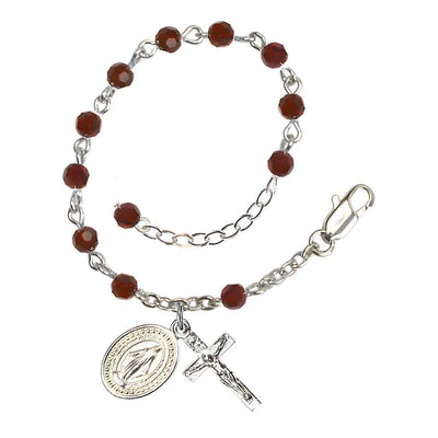 Bliss Rosary Bracelet with Silver-plated Crucifix and Miraculous Medal, Birthstone 4mm Austrian Crystal Garnet Beads for January