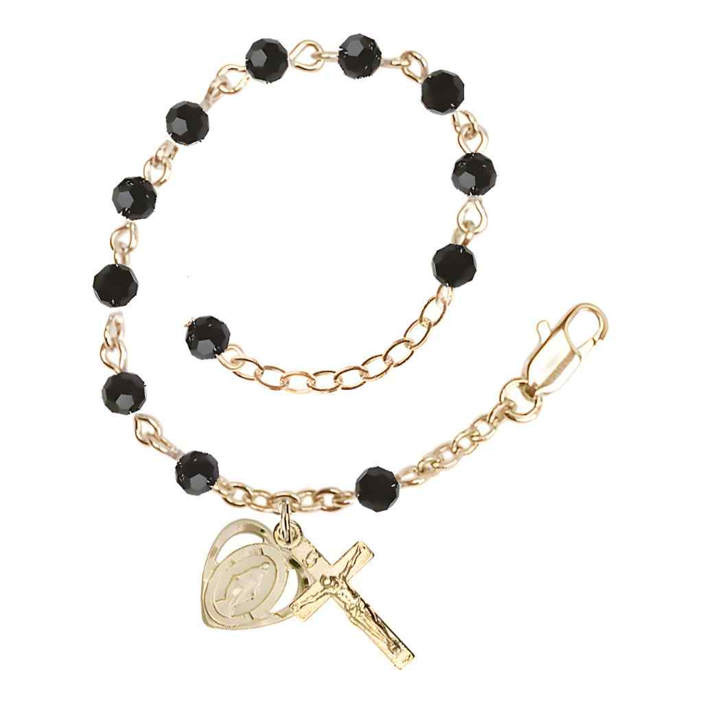 Bliss Rosary Bracelet with Gold-plated Crucifix and Heart Miraculous Medal, 4mm Austrian Crystal Jet Black Beads
