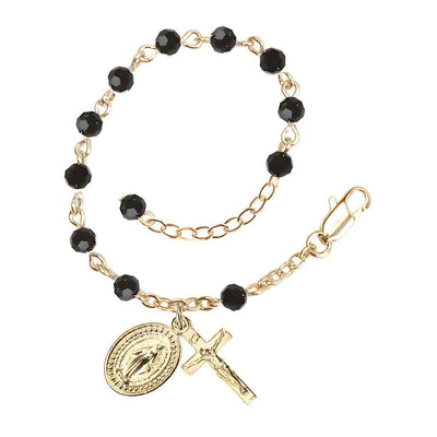 Bliss Rosary Bracelet with Gold-plated Crucifix and Miraculous Medal, Birthstone 4mm Austrian Crystal Jet Beads