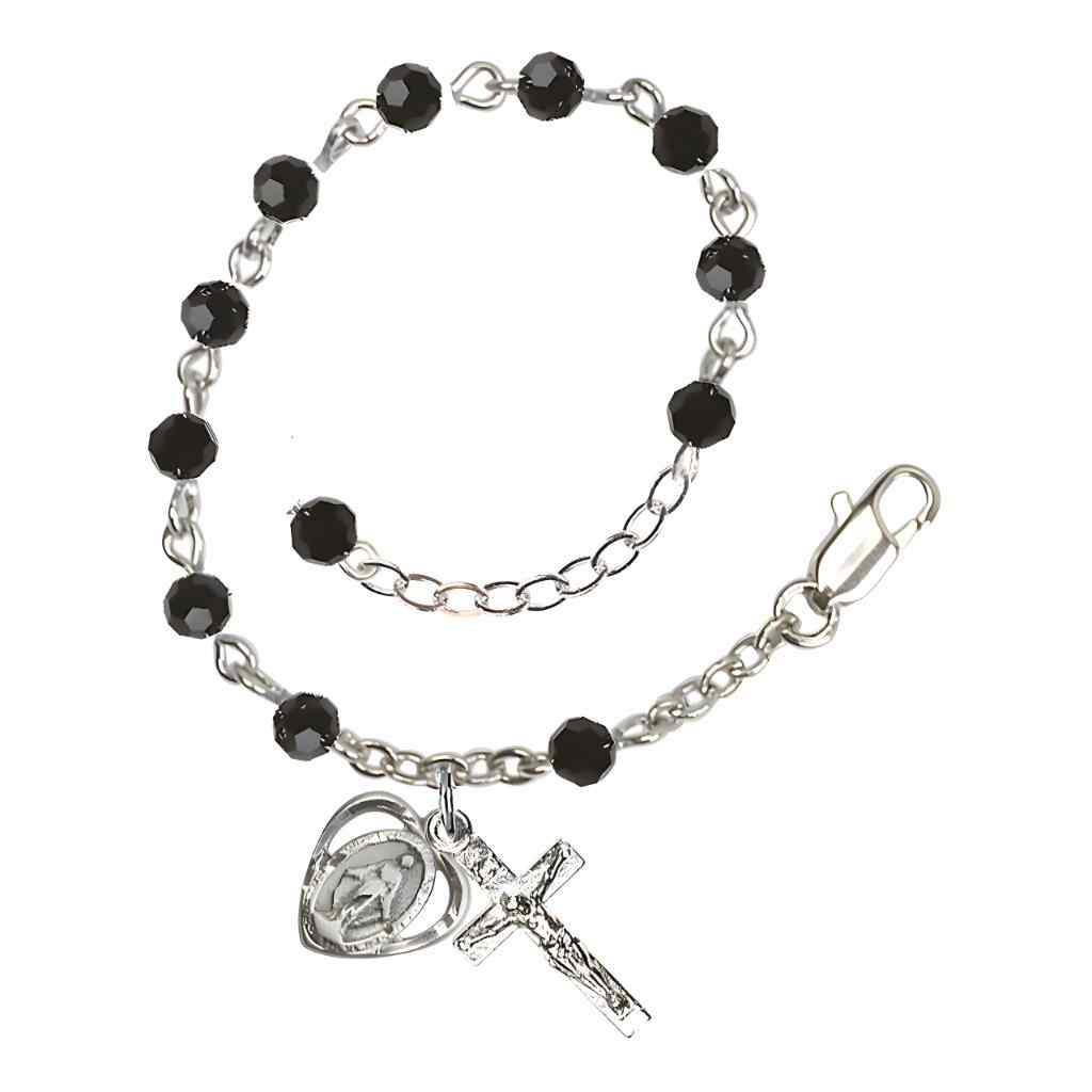 Bliss Rosary Bracelet with Silver-plated Crucifix and Heart Miraculous Medal, Birthstone 4mm Austrian Crystal Jet Beads