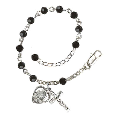 Bliss Rosary Bracelet with Silver-plated Crucifix and Heart Miraculous Medal, Birthstone 4mm Austrian Crystal Jet Beads