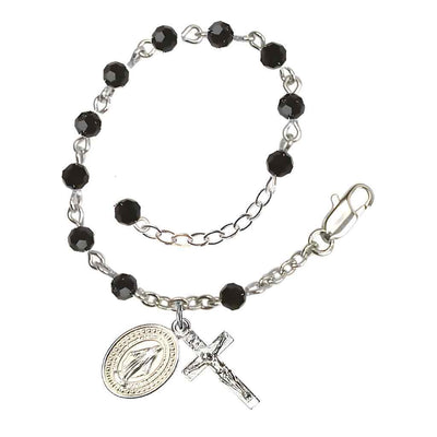 Bliss Rosary Bracelet with Silver-plated Crucifix and Miraculous Medal, Birthstone 4mm Austrian Crystal Jet Beads