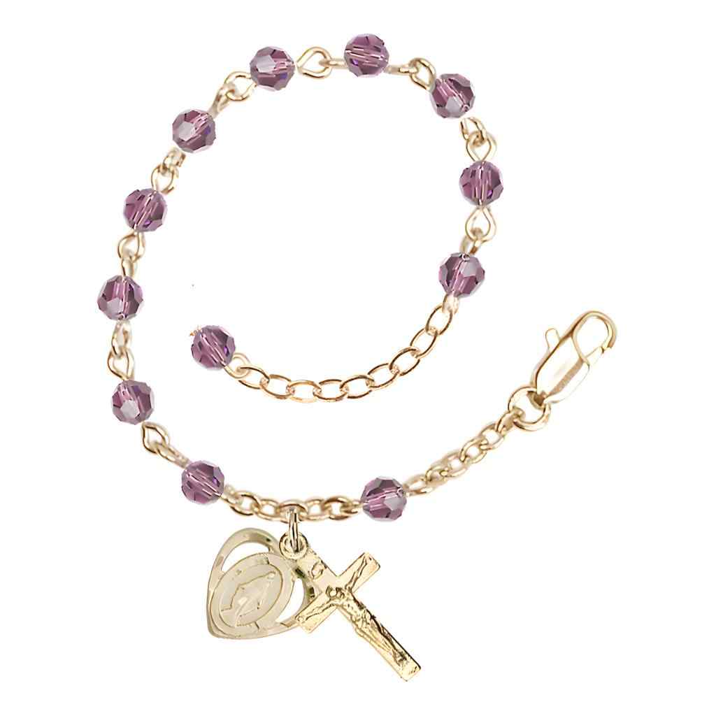 Bliss Rosary Bracelet with Gold-plated Crucifix and Heart Miraculous Medal, Birthstone 4mm Austrian Crystal Light Amethyst Beads for June
