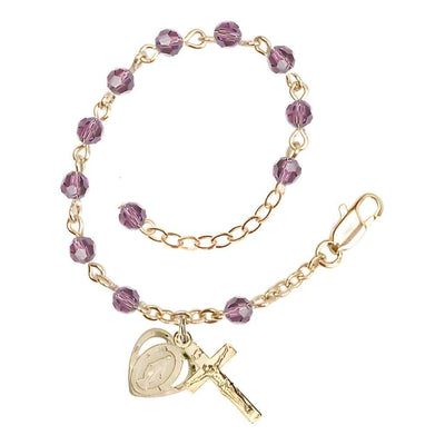 Bliss Rosary Bracelet with Gold-plated Crucifix and Heart Miraculous Medal, Birthstone 4mm Austrian Crystal Light Amethyst Beads for June