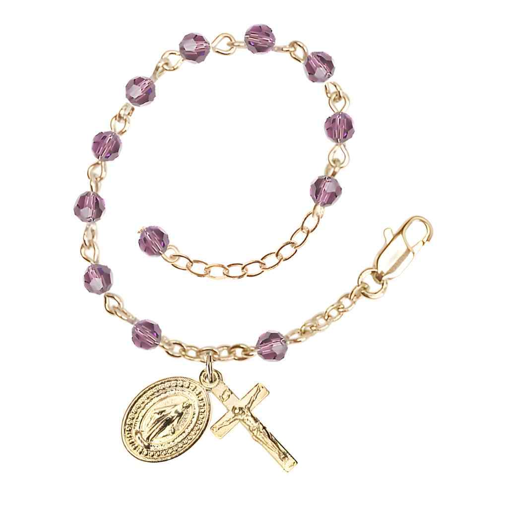 Bliss Rosary Bracelet with Gold-plated Crucifix and Miraculous Medal, Birthstone 4mm Austrian Crystal Light Amethyst Beads for June