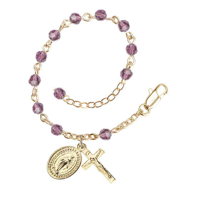 Bliss Rosary Bracelet with Gold-plated Crucifix and Miraculous Medal, Birthstone 4mm Austrian Crystal Light Amethyst Beads for June