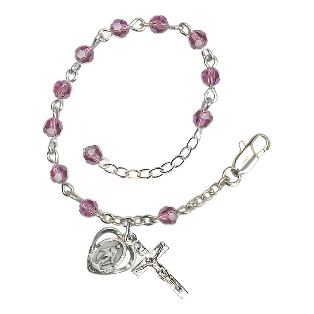 Bliss Rosary Bracelet with Silver-plated Crucifix and Heart Miraculous Medal, Birthstone 4mm Austrian Crystal Light Amethyst Beads for June