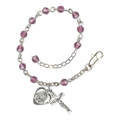 Bliss Rosary Bracelet with Silver-plated Crucifix and Heart Miraculous Medal, Birthstone 4mm Austrian Crystal Light Amethyst Beads for June