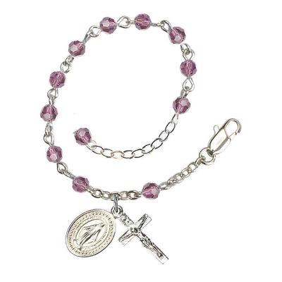 Bliss Rosary Bracelet with Silver-plated Crucifix and Miraculous Medal, Birthstone 4mm Austrian Crystal Light Amethyst Beads for June