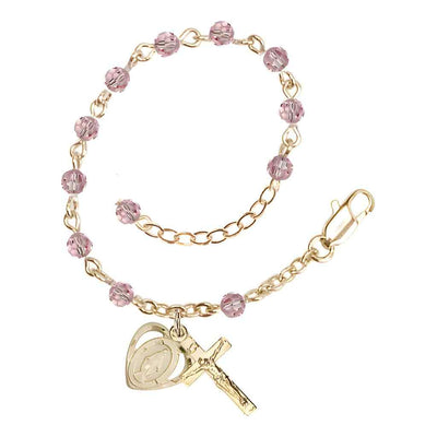 Bliss Rosary Bracelet with Gold-plated Crucifix and Heart Miraculous Medal, 4mm Austrian Crystal Light Rose Beads