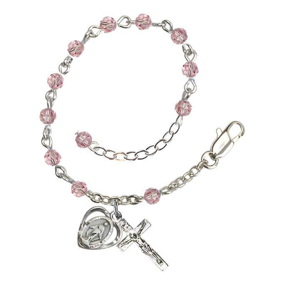 Bliss Rosary Bracelet with Silver-plated Crucifix and Heart Miraculous Medal, Birthstone 4mm Austrian Crystal Light Rose Beads