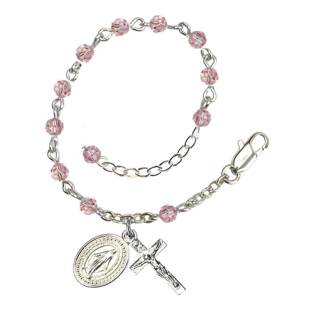 Bliss Rosary Bracelet with Silver-plated Crucifix and Miraculous Medal, Birthstone 4mm Austrian Crystal Light Rose Beads
