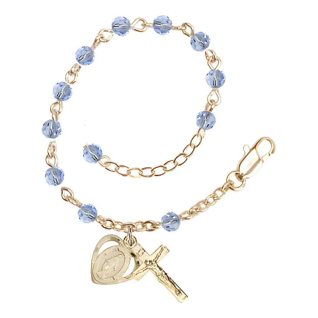 Bliss Rosary Bracelet with Gold-plated Crucifix and Heart Miraculous Medal, 4mm Austrian Crystal Light Sapphire Beads