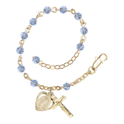 Bliss Rosary Bracelet with Gold-plated Crucifix and Heart Miraculous Medal, 4mm Austrian Crystal Light Sapphire Beads