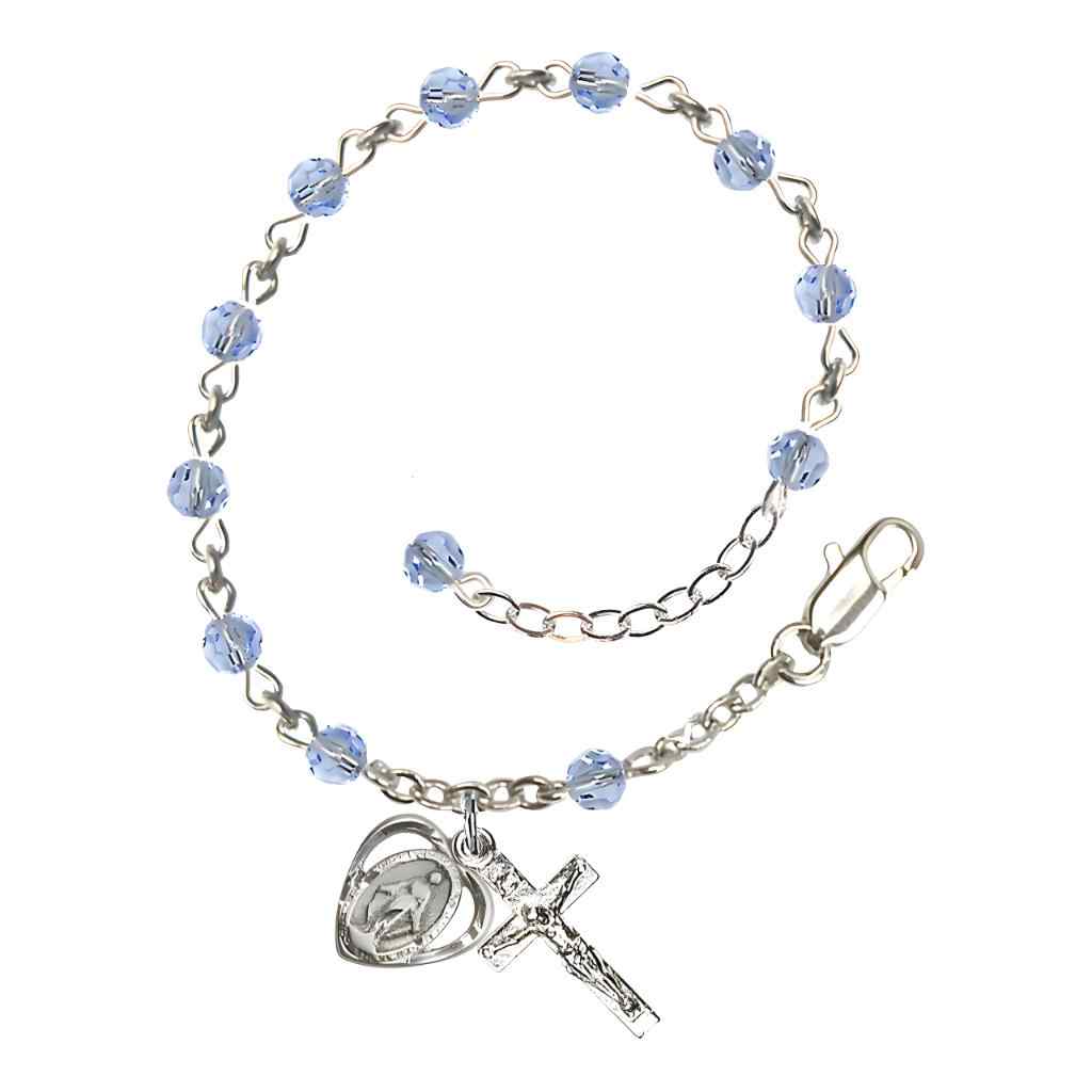 Bliss Rosary Bracelet with Silver-plated Crucifix and Heart Miraculous Medal, Birthstone 4mm Austrian Crystal Light Sapphire Beads