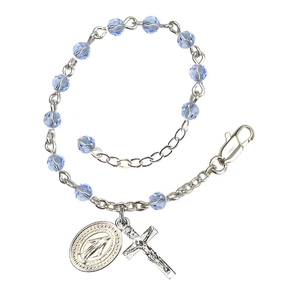 Bliss Rosary Bracelet with Silver-plated Crucifix and Miraculous Medal, Birthstone 4mm Austrian Crystal Light Sapphire Beads