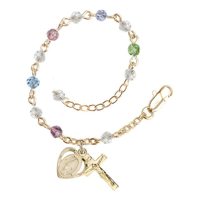 Bliss Rosary Bracelet with Gold-plated Crucifix and Heart Miraculous Medal, 4mm Austrian Crystal Multi-Color Beads