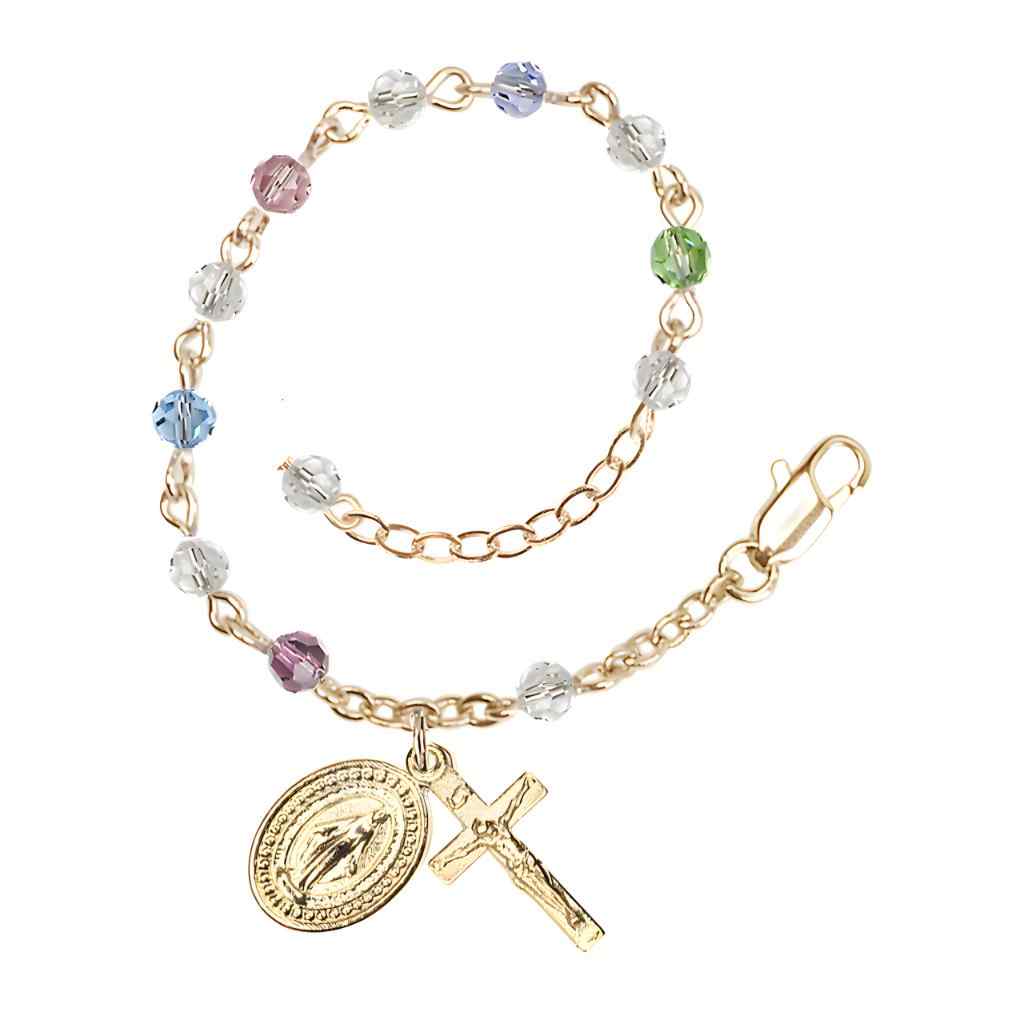 Bliss Rosary Bracelet with Gold-plated Crucifix and Miraculous Medal, Birthstone 4mm Austrian Crystal Multi-Colors Beads