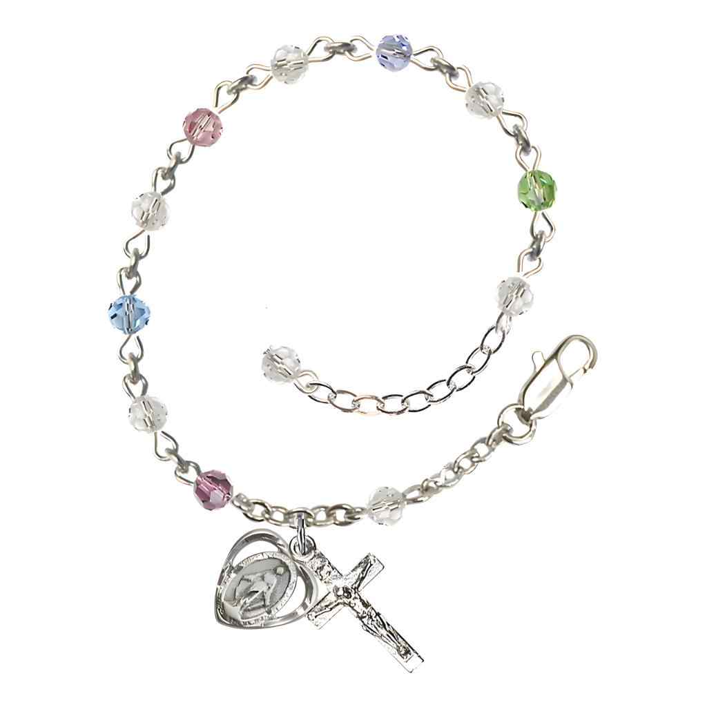 Bliss Rosary Bracelet with Silver-plated Crucifix and Heart Miraculous Medal, Birthstone 4mm Austrian Crystal Multi-Colors Beads