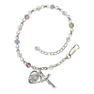 Bliss Rosary Bracelet with Silver-plated Crucifix and Heart Miraculous Medal, Birthstone 4mm Austrian Crystal Multi-Colors Beads