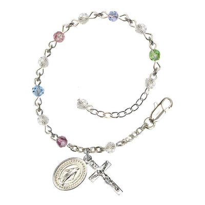 Bliss Rosary Bracelet with Silver-plated Crucifix and Miraculous Medal, Birthstone 4mm Austrian Crystal Multi-Colors Beads