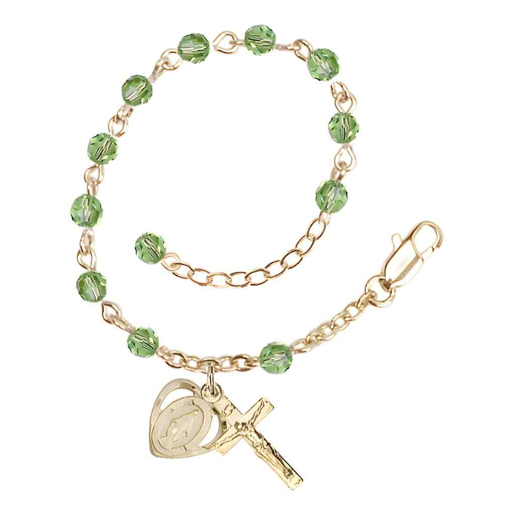 Bliss Rosary Bracelet with Gold-plated Crucifix and Heart Miraculous Medal, Birthstone 4mm Austrian Crystal Peridot Beads for August