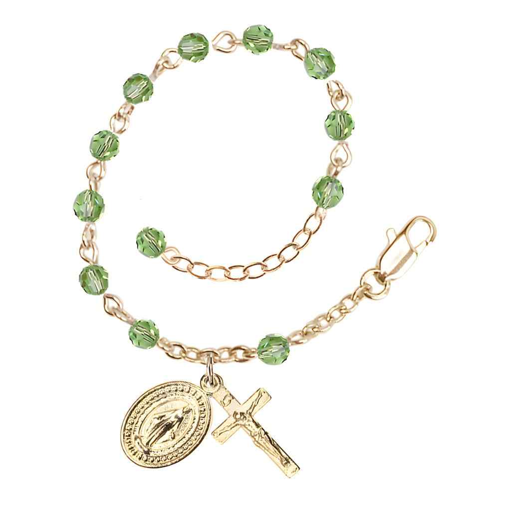 Bliss Rosary Bracelet with Gold-plated Crucifix and Miraculous Medal, Birthstone 4mm Austrian Crystal Peridot Beads for August
