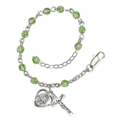 Bliss Rosary Bracelet with Silver-plated Crucifix and Heart Miraculous Medal, Birthstone 4mm Austrian Crystal Peridot Beads for August